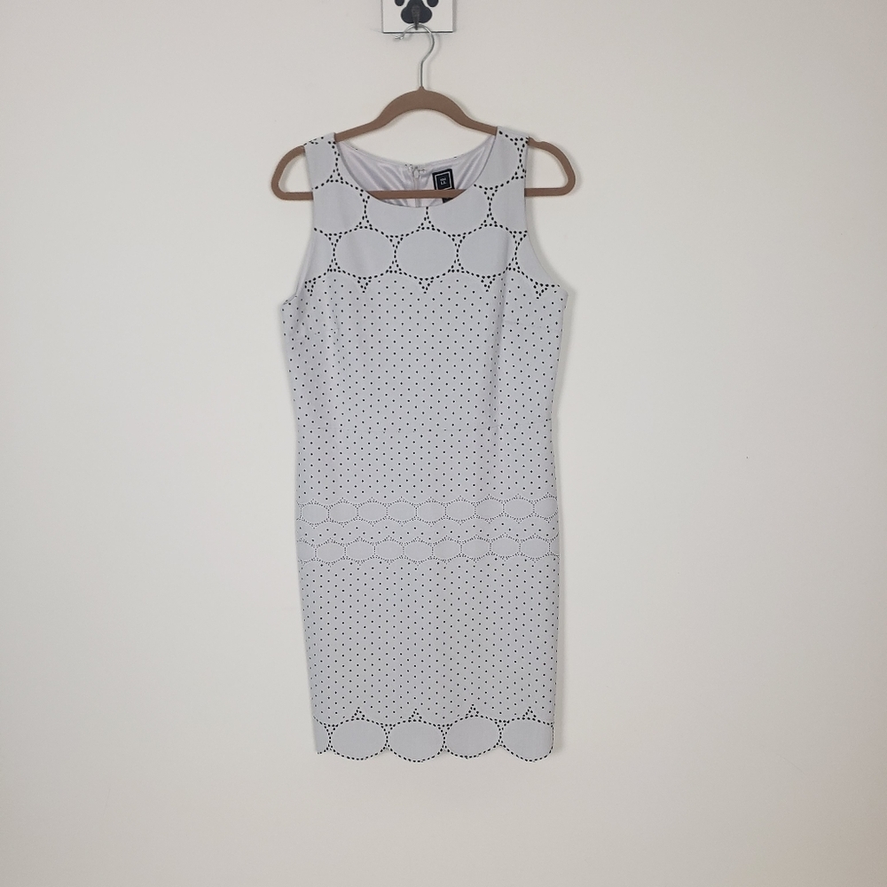 RM LL White Sleeveless Sheath Dress with black details and scallop hem